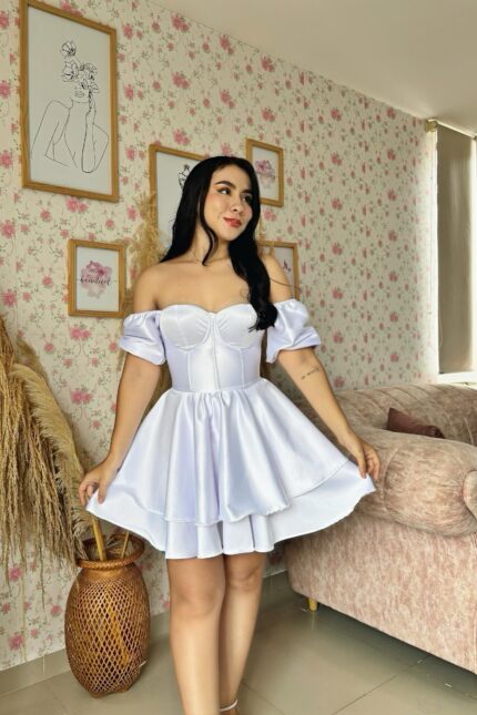 VESTIDO CORSET SATIN MANGAS - BLANCO
