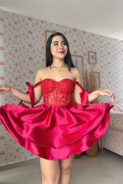 VESTIDO CORSET SATIN MANGAS - ROJO