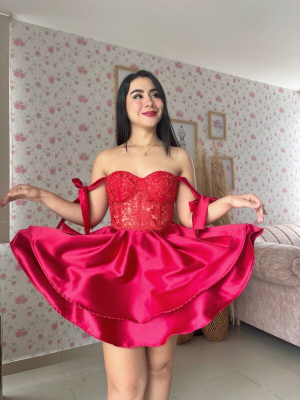 VESTIDO CORSET SATIN MANGAS - ROJO - Imagen 2
