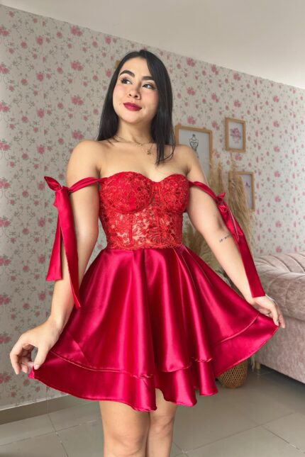 VESTIDO CORSET SATIN MANGAS - ROJO