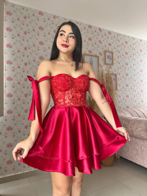 VESTIDO CORSET SATIN MANGAS - ROJO