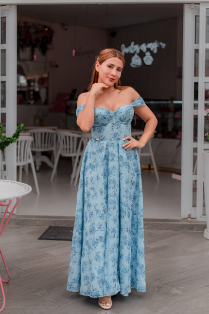 VESTIDO CORSET GARDEN LARGO MANGA CAIDA AZUL