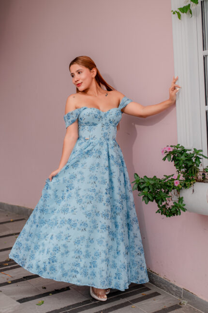 VESTIDO CORSET GARDEN LARGO MANGA CAIDA AZUL