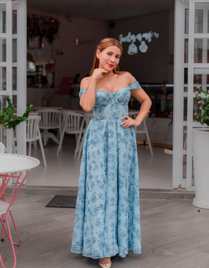 VESTIDO CORSET GARDEN LARGO MANGA CAIDA AZUL